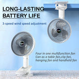 Kawachi 3-Speed 360° Rotating USB Rechargeable Wireless Electric Portable Clip Fan Handy Camping Desktop Office Table Cooling Fan- KAWY-7-White