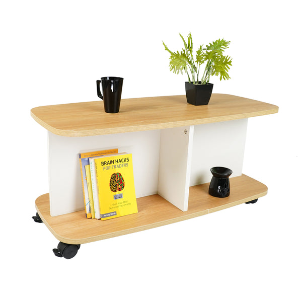Kawachi Wooden Movable Centre Coffee Table, Tea Table for Living Room Storage Shelf Sofa Side Table with Wheels Beige KW98
