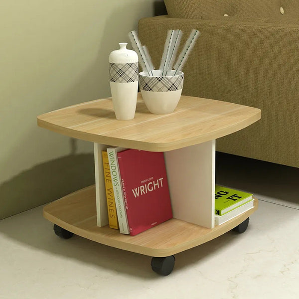 Kawachi Wooden Movable Coffee, Tea Table Living Room Small Centre Table Sofa Bedside Laptop Table with Wheels Beige KW99