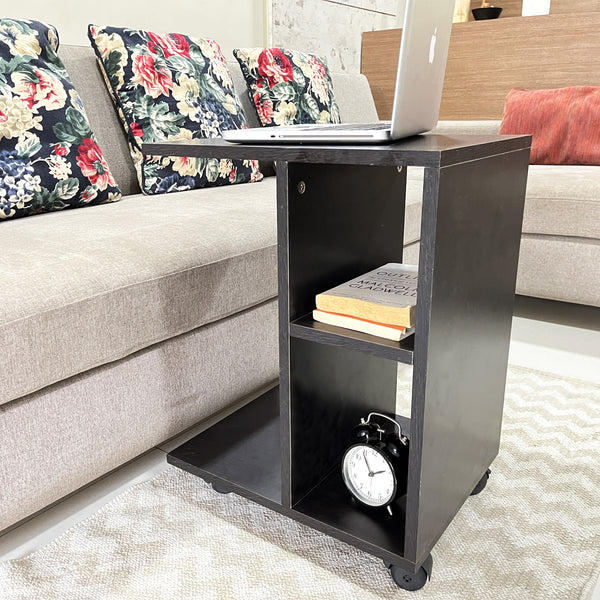 Kawachi Side Table with Storage Shelves, Sofa Couch Coffee End Table Bedside Table Laptop Desk with Wheels KW100-Wenge Black