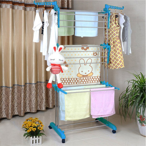 Kawachi Stainless Steel Heavy Duty Double Pole Cloth Drying Stand, Laundry Rack Stand Peacock Green