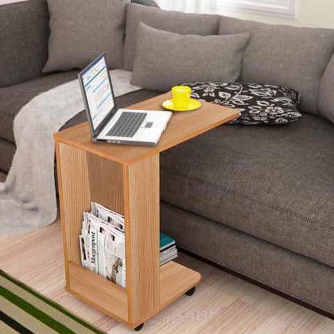 Kawachi Side Table with Storage Shelves, Sofa Couch Coffee End Table Bedside Table Laptop Desk with Wheels for Living Room, Bedroom Beige