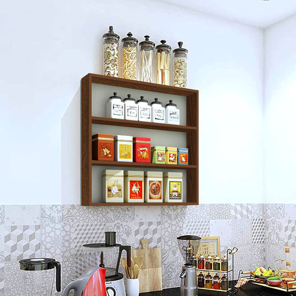 Kawachi Engineered Wood Multipurpose Wall Mount Kitchen Storage Rack 4 Shelf Shelves Organizer Brown