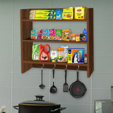 Kawachi Wooden Wall Mounted Kitchen 3 Shelves Storage Shelf Rack Organizer with Hook Brown
