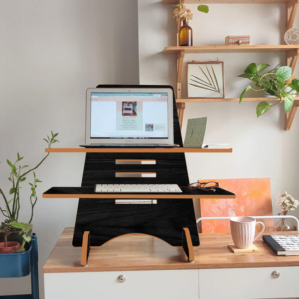 Casart Two Tier Sit To Standing Desk Height Adjustable Laptop Table With Crank Handle Sit Stand Computer Workstation Pc Writing Desk For Home Office Black