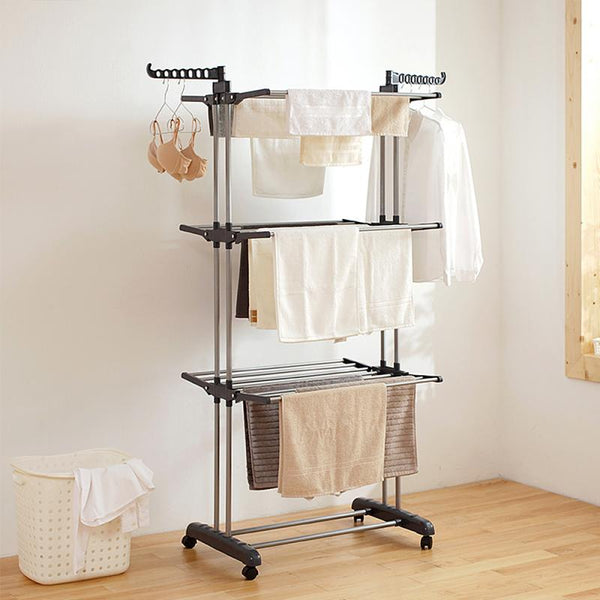 Kawachi Stainless Steel Heavy Duty Double Pole Cloth Drying Stand, Laundry Rack Stand Gray