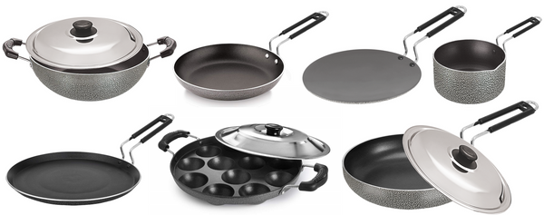 Bharu Nonstick 10 Pcs  Cooking Set (Chapati Tawa, Flat Tawa, Kadhai, Fry pan, Omlet Pan, Sauce Pan, Appam, 3 SS lid)