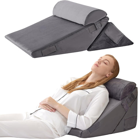 Kawachi 3Pcs Set Orthopedic Adjustable Bed Wedge Pillow-Memory Foam with Head Rest-Back Support for Bed, Leg Elevation, Acid Reflux, GERD, Snoring- KW138-Grey