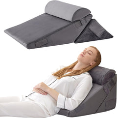 Kawachi 3Pcs Set Orthopedic Adjustable Bed Wedge Pillow-Memory Foam with Head Rest-Back Support for Bed, Leg Elevation, Acid Reflux, GERD, Snoring- KW138-Grey