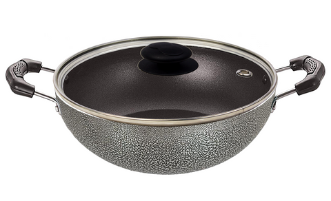 Bharu Nonstick  3mm Induction base Shollow Kadhai 2 Lit with Glass Lid