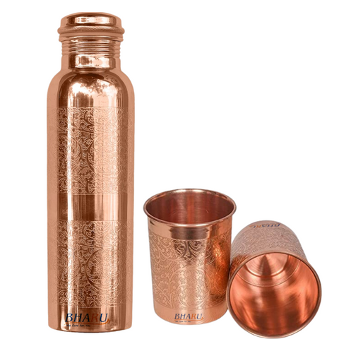 Bharu Embossed Copper Bottle 1000 ml & 2 pcs Embossed Copper Glass