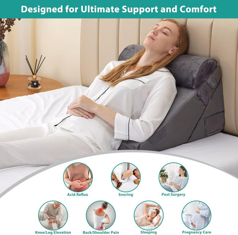 Kawachi 3Pcs Set Orthopedic Adjustable Bed Wedge Pillow-Memory Foam with Head Rest-Back Support for Bed, Leg Elevation, Acid Reflux, GERD, Snoring- KW138-Grey