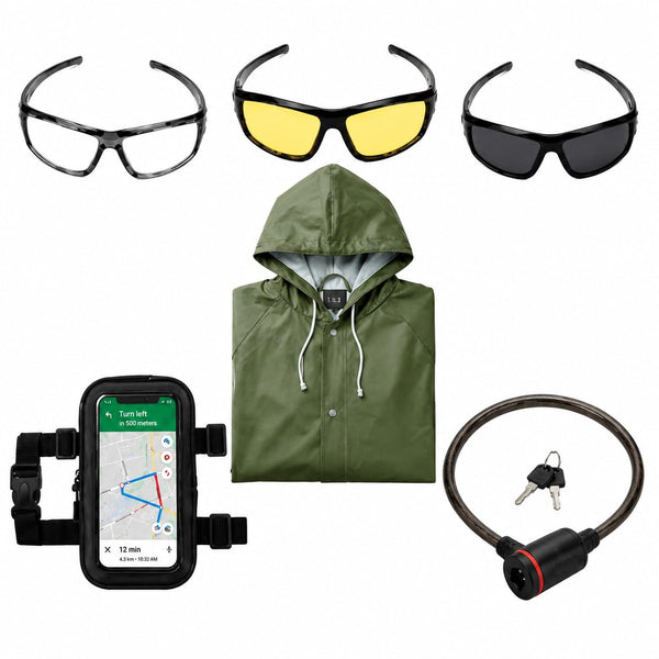 Kawachi All-Weather Rider Combo Pack, 3-Piece Sports Goggle Set, Waterproof Hooded Raincoat, Touch-Responsive Mobile Rain Cover, Helmet Cable Lock - KC30