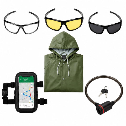 Kawachi All-Weather Rider Combo Pack, 3-Piece Sports Goggle Set, Waterproof Hooded Raincoat, Touch-Responsive Mobile Rain Cover, Helmet Cable Lock - KC30