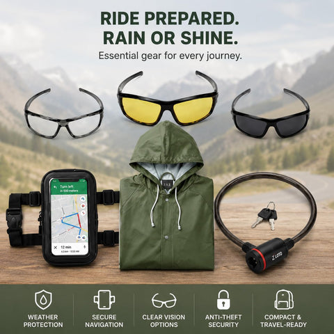Kawachi All-Weather Rider Combo Pack, 3-Piece Sports Goggle Set, Waterproof Hooded Raincoat, Touch-Responsive Mobile Rain Cover, Helmet Cable Lock - KC30