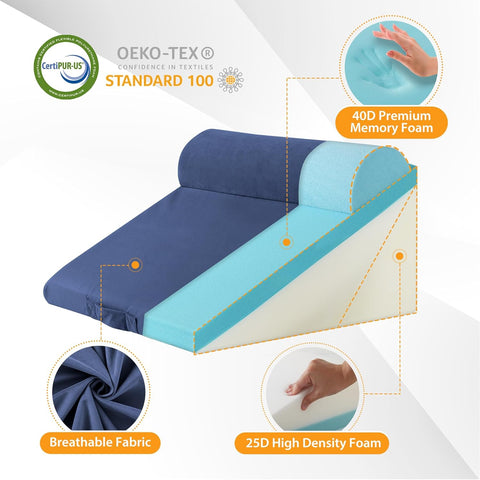 Kawachi 3Pcs Set Orthopedic Adjustable Bed Wedge Pillow-Memory Foam with Head Rest-Back Support for Bed, Leg Elevation, Acid Reflux, GERD, Snoring- KW138-Navy Blue