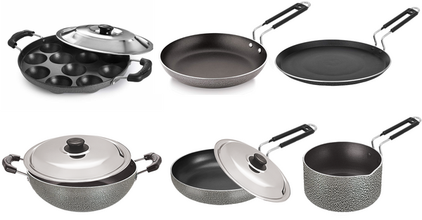 Bharu Nonstick 9 Pcs  Cooking Set (Flat Tawa, Kadhai, Fry pan, Omlet Pan, Sauce Pan, Appam, 3 SS lid)