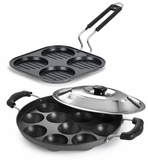 Bharu Hammertone Nonstick Breakfast Cooking set of  4 Cup Uttapam Patra & 12 Cavity Appam patra with Steel Lid