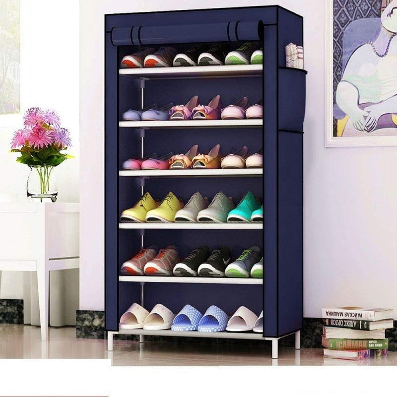 Folding Shoes Rack Tiers With Cover (Blue)