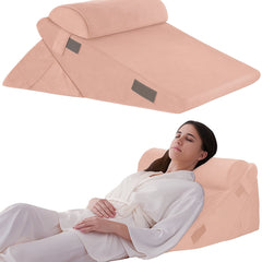 Kawachi 3Pcs Set Orthopedic Adjustable Bed Wedge Pillow-Memory Foam with Head Rest-Back Support for Bed, Leg Elevation, Acid Reflux, GERD, Snoring- KW138-Baby Pink