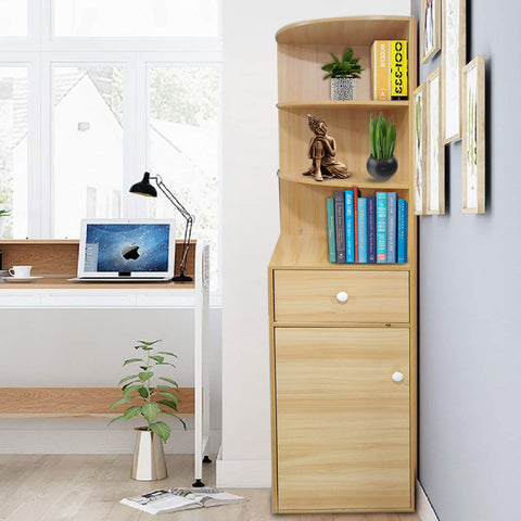 Kawachi Wooden Multipurpose Corner Wall Decor Cabinet Bookshelf Rack With Drawer Storage K559-Beige