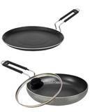 Bharu Nonstick 3 Pcs  Cooking Set (Flat Tawa,  Fry pan, Glass lid)