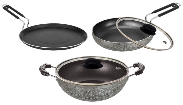 Bharu Nonstick 4 Pcs  Cooking Set (Flat Tawa, Kadhai, Fry pan, Glass lid)