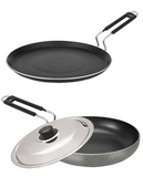 Bharu Nonstick  3Pcs  Cooking Set (Flat Tawa,  Fry pan, SS lid)