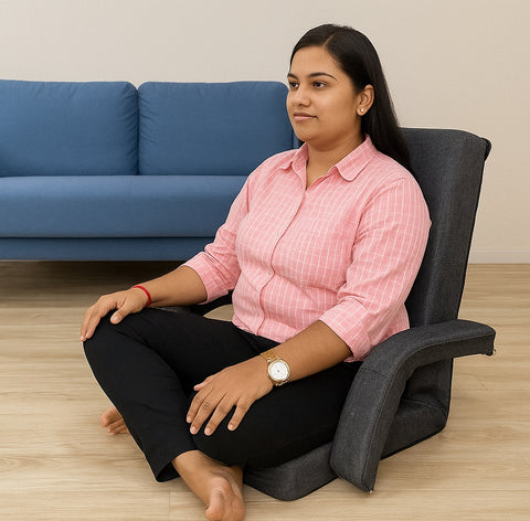 Kawachi Premium Linen Fabric 5-Angle Adjustable Folding Recliner Backrest Floor Chair with Handle – Ergonomic Meditation, Yoga, Pooja, Gaming & Relaxing Chair