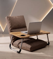 Kawachi 5 Angle Recliner Floor Chair with Foldable Laptop Table with Cup Holder, Wood Top, for Work from Home, Study and Relaxation (KC31 Brown)