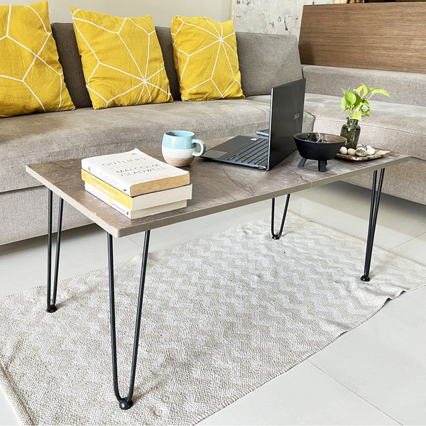 Kawachi Engineered Wood Rectanguler Centre Coffee Table, Tea Table for Living Room with blak Hairpin Leg Rustic Gold MarbleKW102