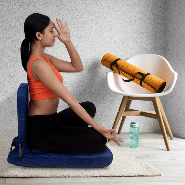 Kawachi 90° Meditation Floor Chair - Premium, Foldable and 90° Fixed Back Support Chair. Ideal for Seating, Yoga, Gaming and Meditation Blue  KW96