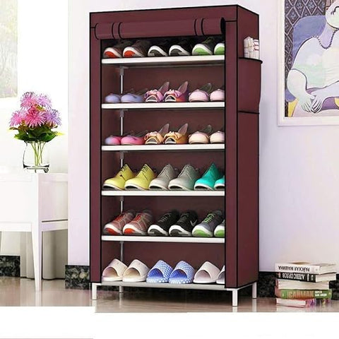 Folding Shoes Rack 6 Tiers With Cover (Maroon)