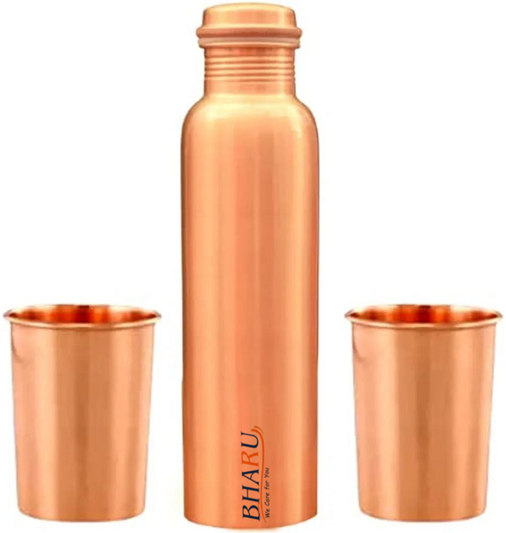 Bharu Plain Copper Bottle 950 ml & 2 pcs Plain Copper Glass