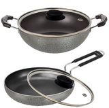 Bharu Nonstick 3 Pcs  Cooking Set ( Kadhai, Fry pan, Glass lid)