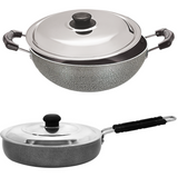 Bharu Nonstick 3 Pcs  Cooking Set (Kadhai, Fry pan, SS lid)