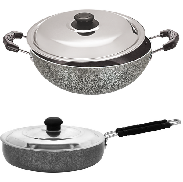 Bharu Nonstick 3 Pcs  Cooking Set (Kadhai, Fry pan, SS lid)