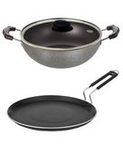 Bharu Nonstick 3 Pcs  Cooking Set (Flat Tawa, Kadhai, Glass lid)