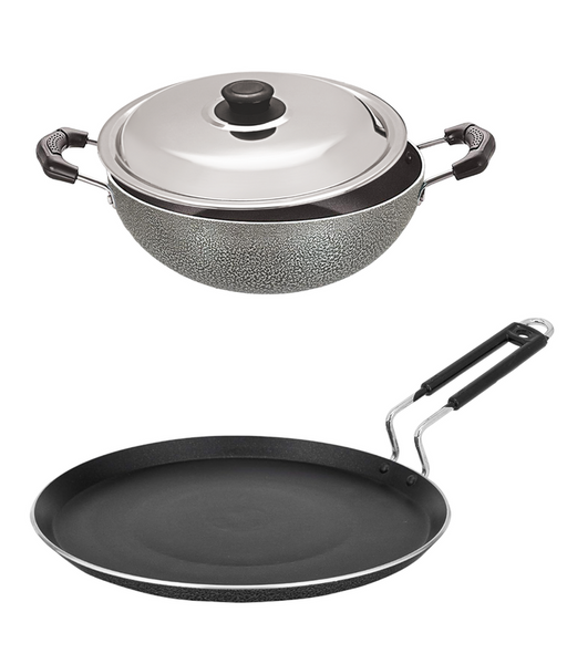 Bharu Nonstick 3 Pcs  Cooking Set (Flat Tawa, Kadhai, SS lid)