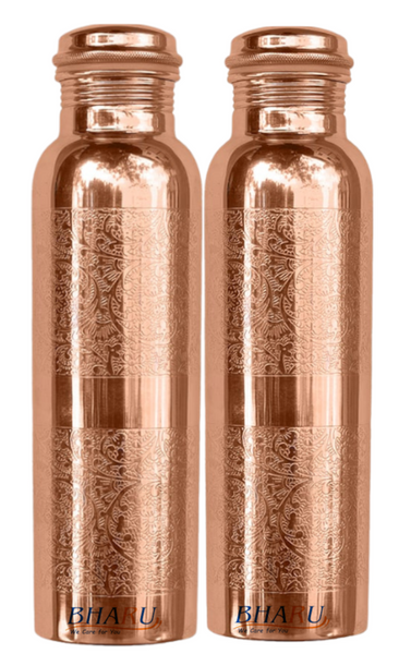 Bharu Embossed Copper Bottle 1000 ml- Pack of 2