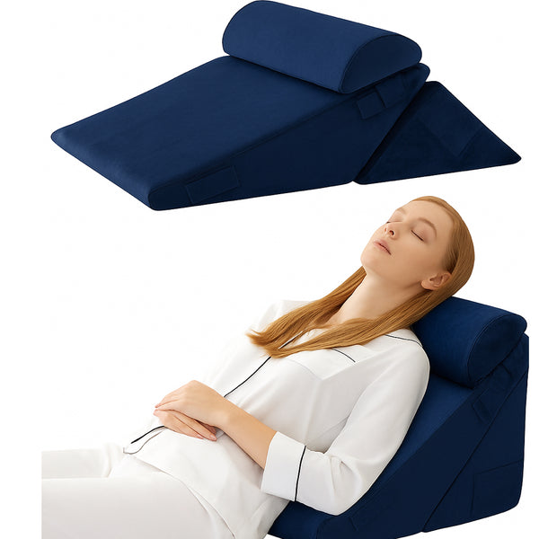Kawachi 3Pcs Set Orthopedic Adjustable Bed Wedge Pillow-Memory Foam with Head Rest-Back Support for Bed, Leg Elevation, Acid Reflux, GERD, Snoring- KW138-Navy Blue