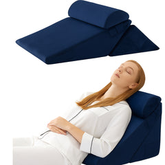 Kawachi 3Pcs Set Orthopedic Adjustable Bed Wedge Pillow-Memory Foam with Head Rest-Back Support for Bed, Leg Elevation, Acid Reflux, GERD, Snoring- KW138-Navy Blue