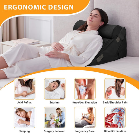 Kawachi 3Pcs Set Orthopedic Adjustable Bed Wedge Pillow-Memory Foam with Head Rest-Back Support for Bed, Leg Elevation, Acid Reflux, GERD, Snoring- KW138-Black