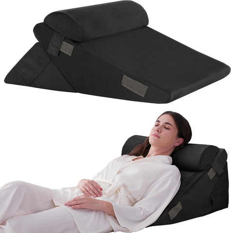 Kawachi 3Pcs Set Orthopedic Adjustable Bed Wedge Pillow-Memory Foam with Head Rest-Back Support for Bed, Leg Elevation, Acid Reflux, GERD, Snoring- KW138-Black