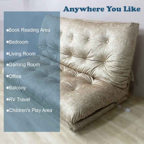 Kawachi 2 Person Covertible Floor Sofa Chair with Back Support, 5-Position Adjustable Recliner, Foldable Sleeper Lounge for Living Room, Gaming, Reading, Beige-KW126