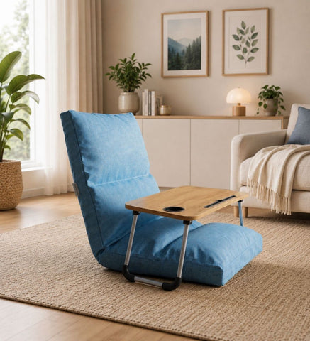 Kawachi 5 Angle Recliner Floor Chair with Foldable Laptop Table with Cup Holder, Wood Top, for Work from Home, Study and Relaxation (KC31 Sky Blue)