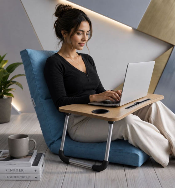 Kawachi 5 Angle Recliner Floor Chair with Foldable Laptop Table with Cup Holder, Wood Top, for Work from Home, Study and Relaxation (KC31 Sky Blue)