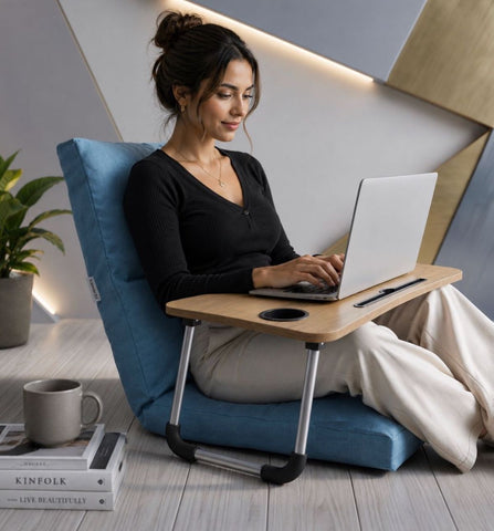 Kawachi 5 Angle Recliner Floor Chair with Foldable Laptop Table with Cup Holder, Wood Top, for Work from Home, Study and Relaxation (KC31 Sky Blue)