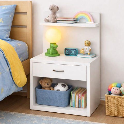 Kawachi Engineered Wood 2 Storage Shelf with Drawer Sofa Side Bedside Table with Open Cabinet Nightstand End Table White