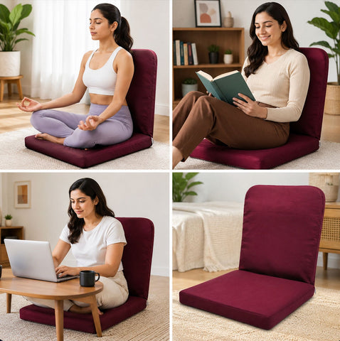 Kawachi Portable Relaxing Meditation Chair Folding Back Support Yoga Chair Study, Reading Floor Chairi113- Velvet Maroon